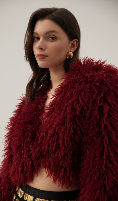 Faux Fur Jacket In Burgundy Coat