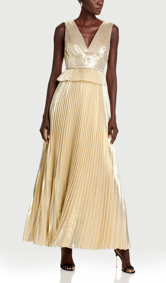 Gold Metallic V Neck Maxi Dress