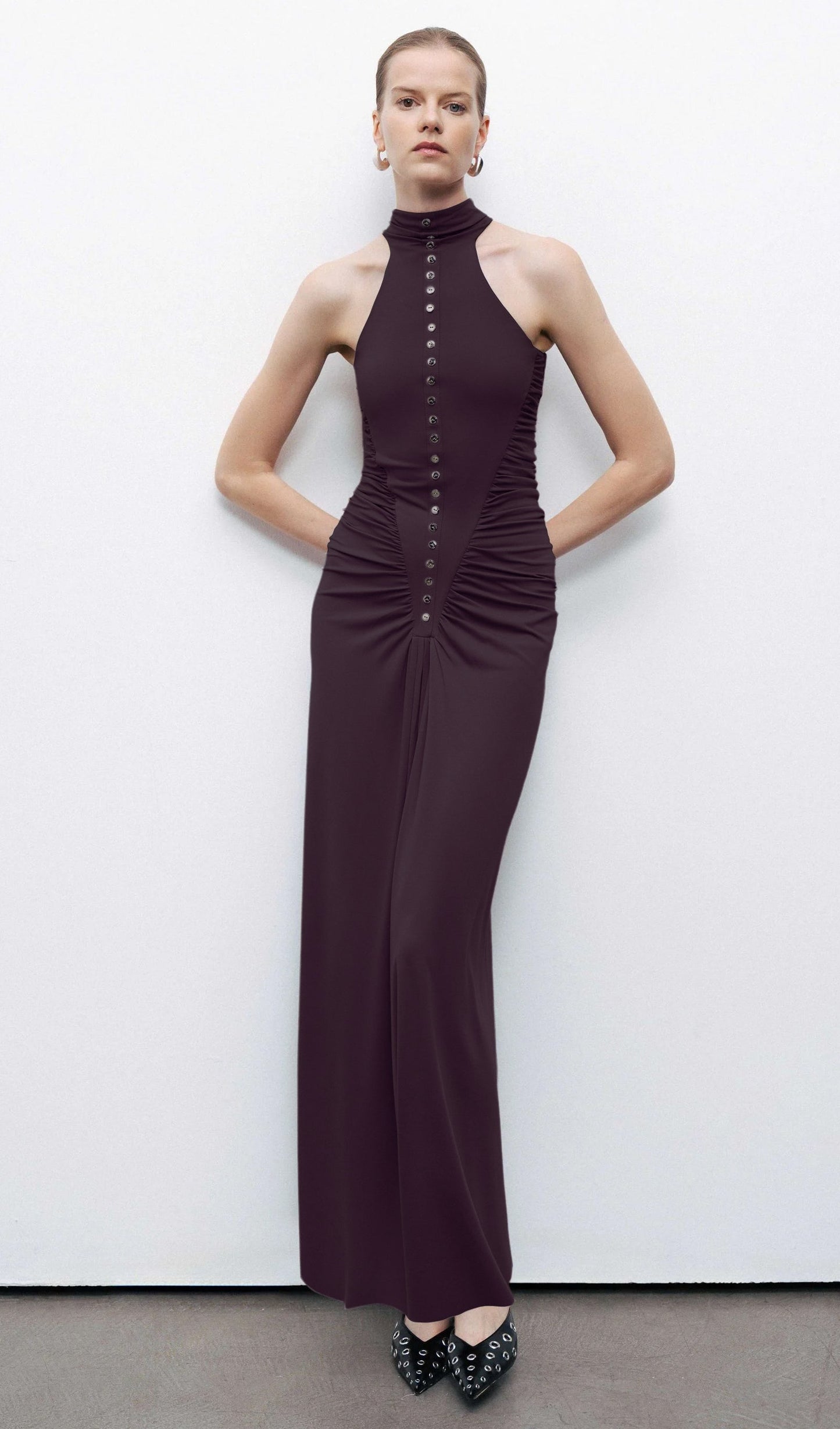 Halter Neck Drape  Maxi Dress In Dark Brown