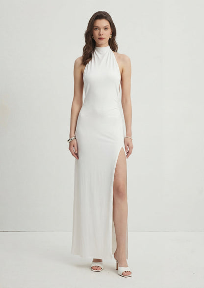 Halter Neck Open Back Slit Maxi Dress