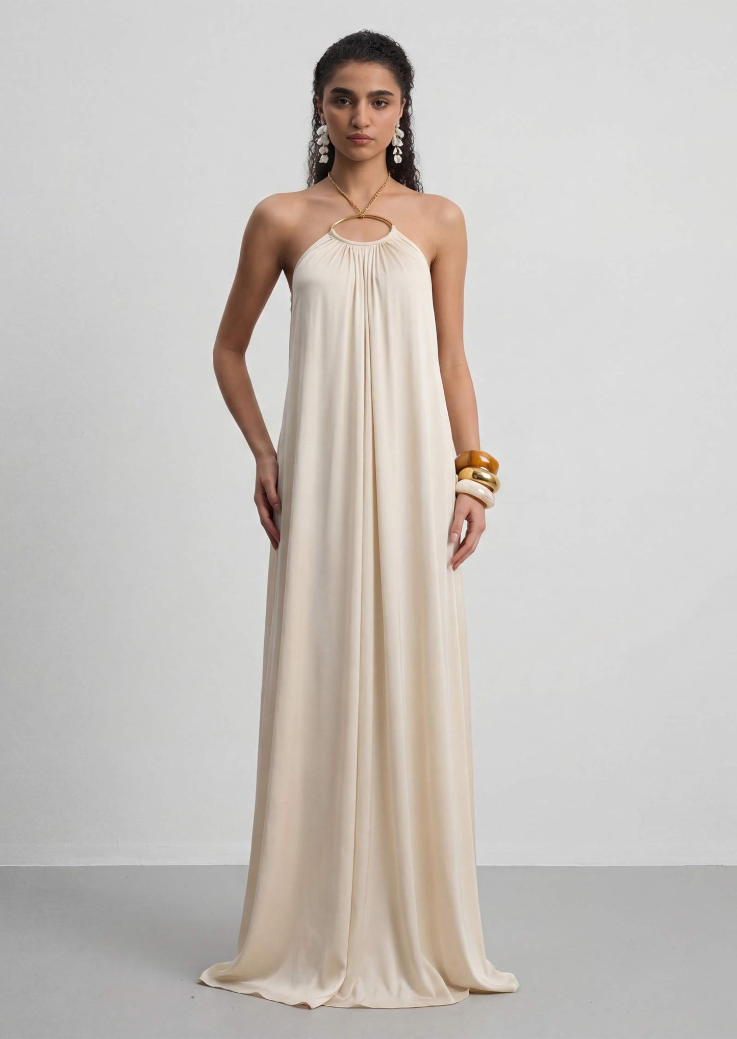 Halter With A Metallic Ring Maxi Dress In White