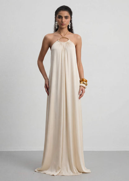 Halter With A Metallic Ring Maxi Dress In White