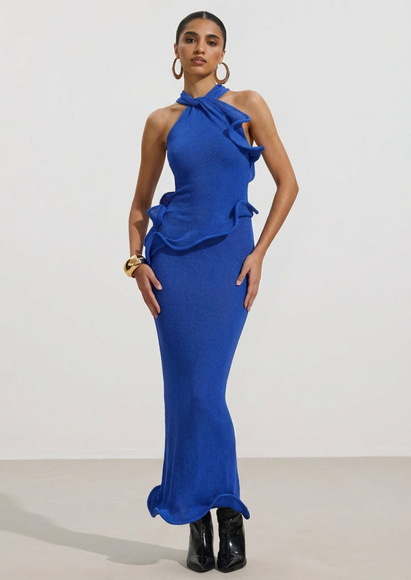 Halter Knit Maxi Dress In Cobalt