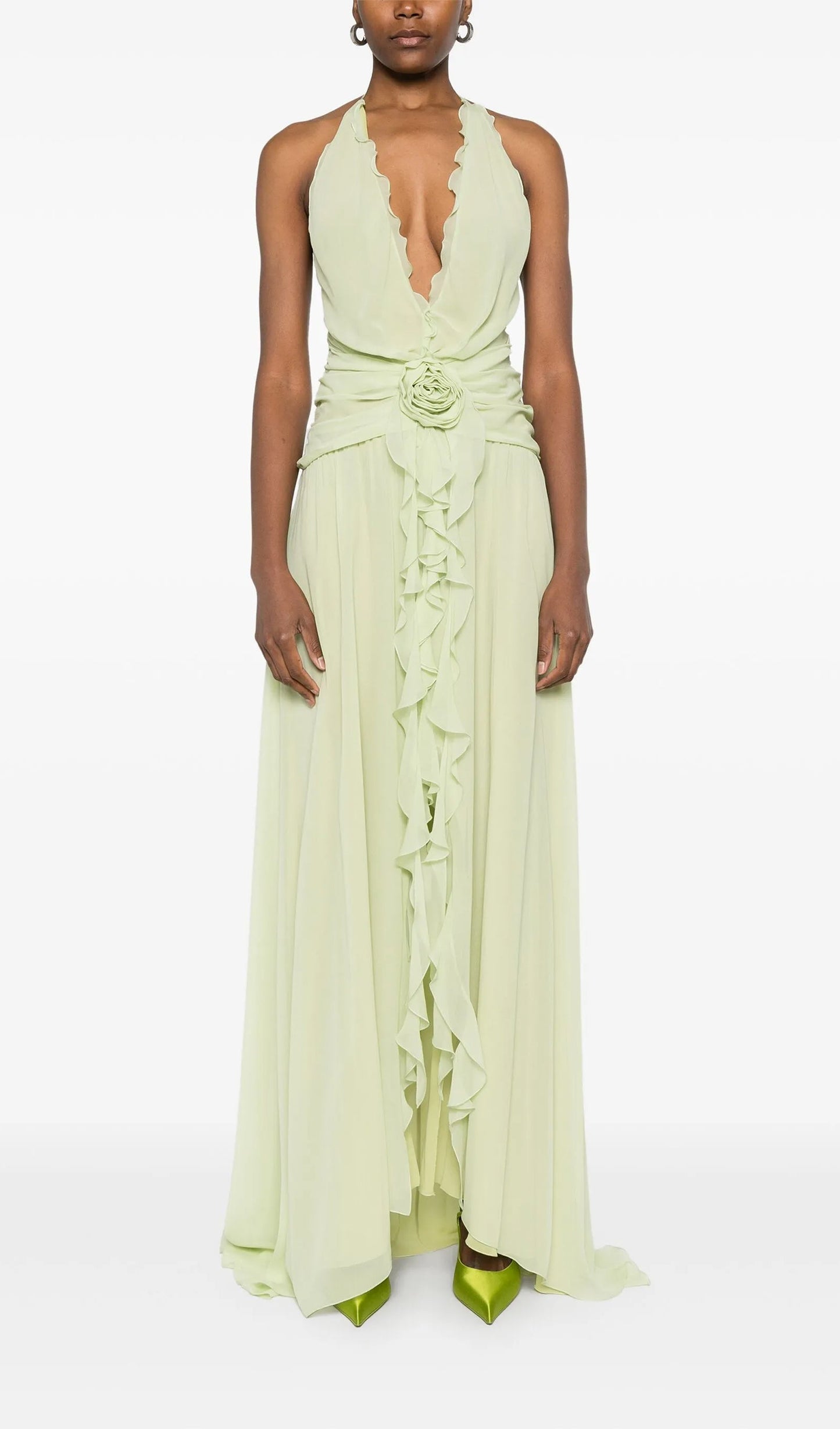 Halter Ruffles Rose Decoration Maxi Dress
