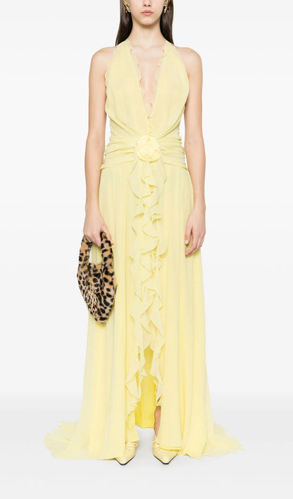 Halter Ruffles Rose Decoration Maxi Dress