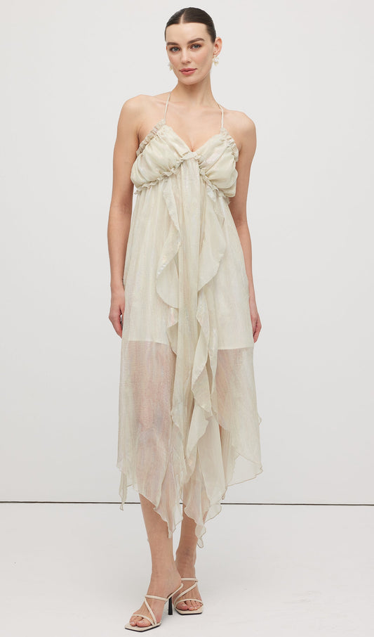 Halter Tulle Pleated Midi Dress