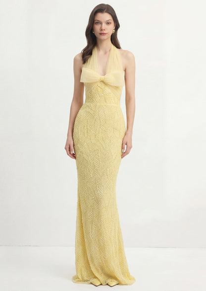 Halterneck Bowknot Beaded Maxi Gown