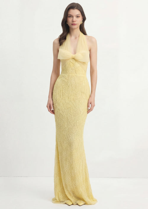 Halterneck Bowknot Beaded Maxi Gown