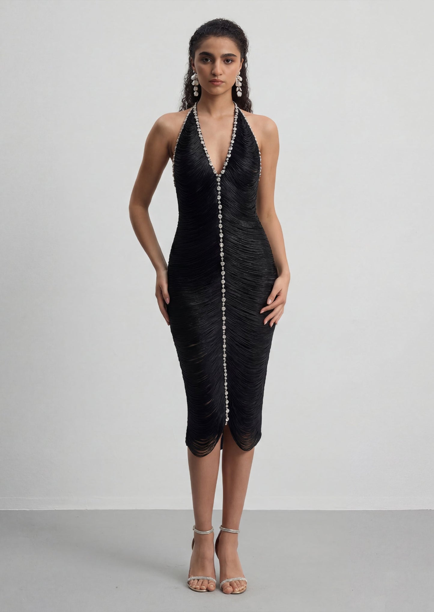 Halterneck Embellished Fringed Midi Dress