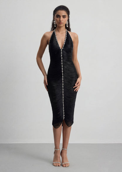 Halterneck Embellished Fringed Midi Dress