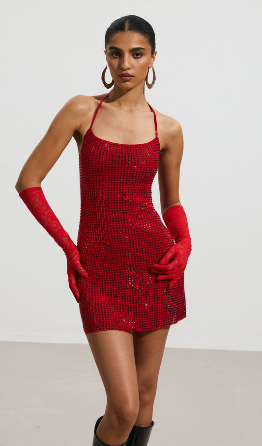 Halterneck Embellished Mini Dress In Red