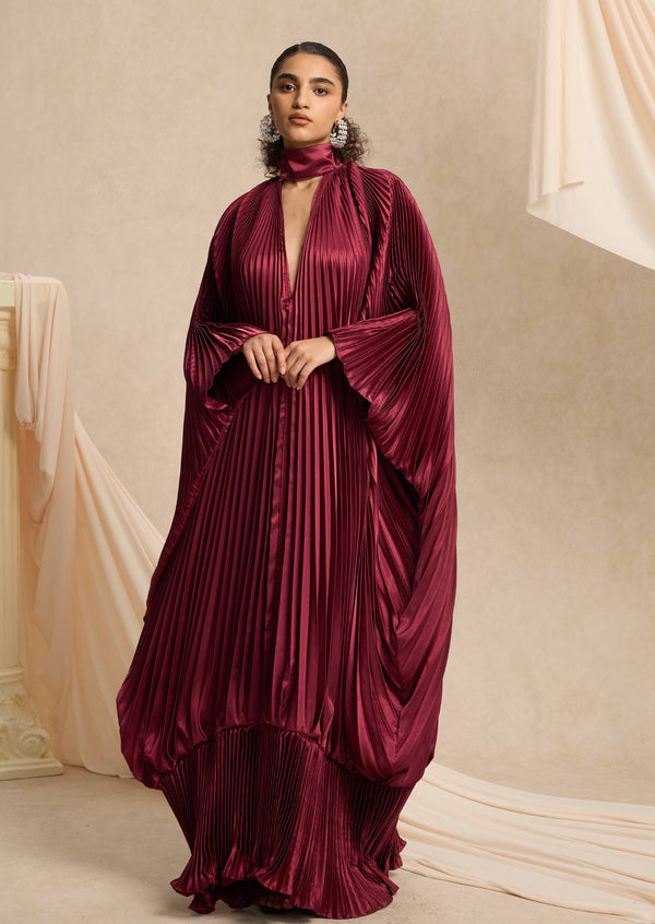 Hiba V Neckline Pleats Ruffled Maxi Dress In Burgundy