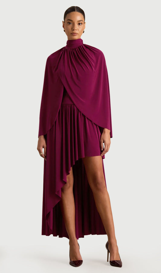 High-Neck Midi Dress With Cape-Sleeves