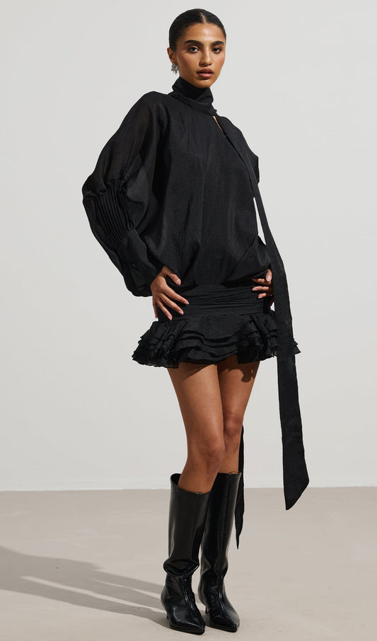 High Neck Tiered Mini Dress In Black