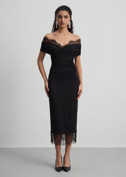 Iris Lace Trim Midi Dress In Black