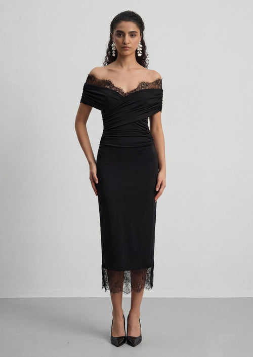 Iris Lace Trim Midi Dress In Black
