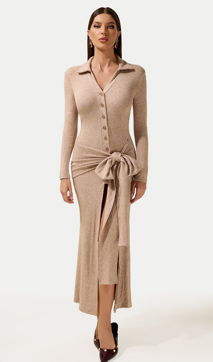 Jersey Button Lace-Up Midi Dress