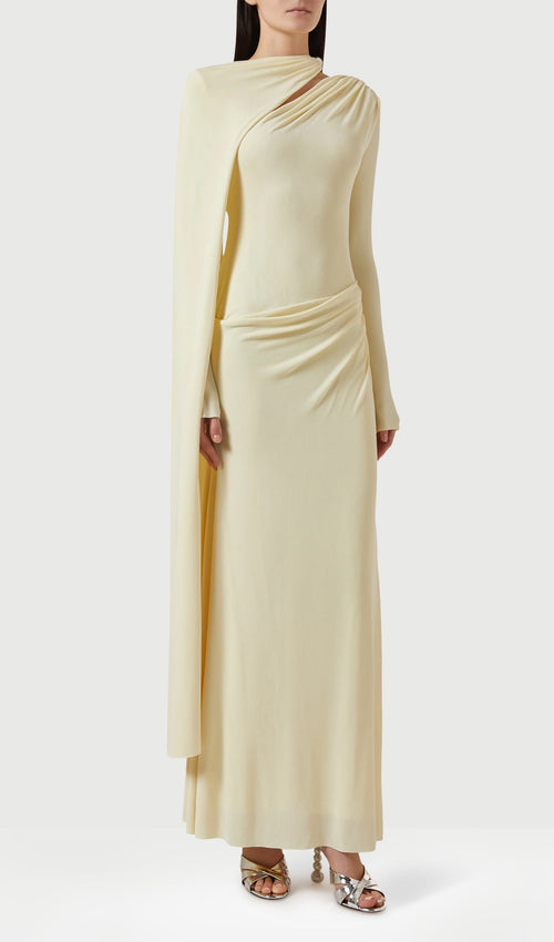 Jersey Cape-sleeve Maxi Dress In Yellow