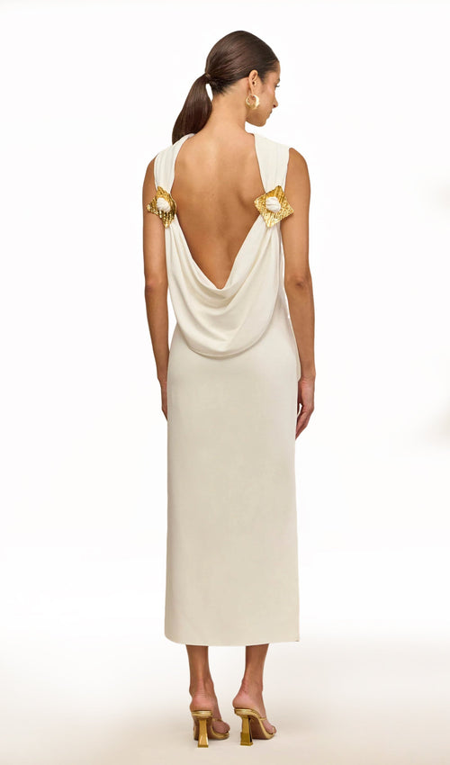 Knit Deep Cowl Back Midi Dress In White