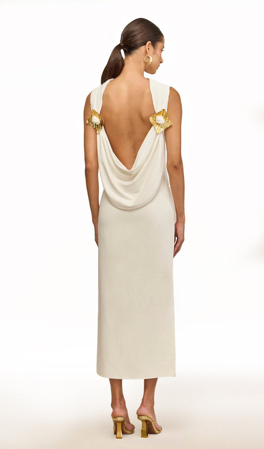 Knit Deep Cowl Back Midi Dress In White