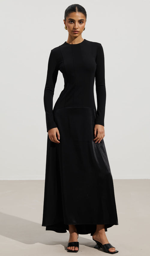 Knitted Satin Maxi Dress In Black