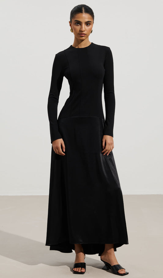 Knitted Satin Maxi Dress In Black