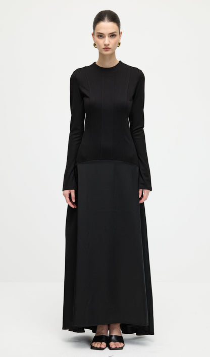 Knitted Satin Maxi Dress In Black