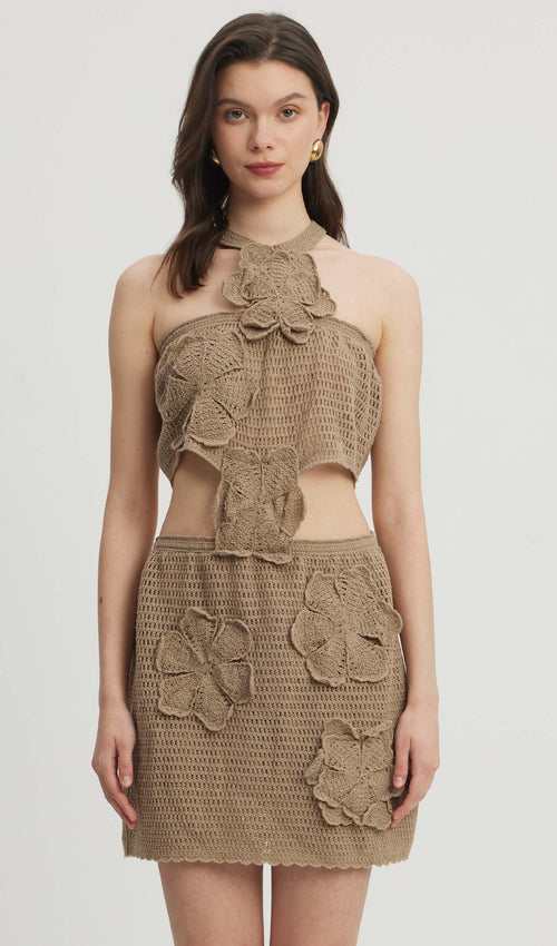 Knitted Flowers Hollow Out Mini Dress