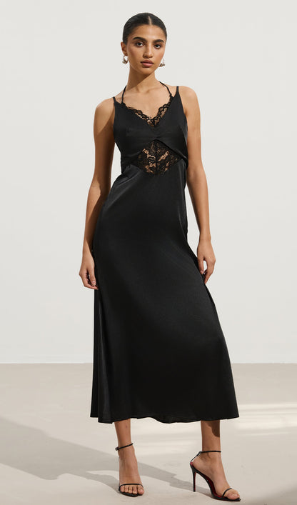 Lace-Trimmed Backless Halter Maxi Dress