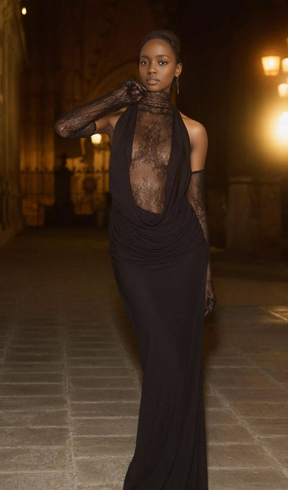 Lace Bodice Ruched Maxi Dress In Black