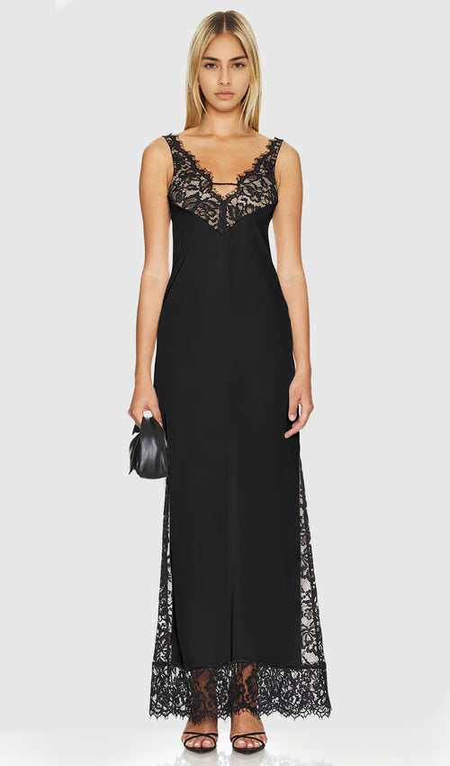 Lace Deep V Maxi Dress In Black