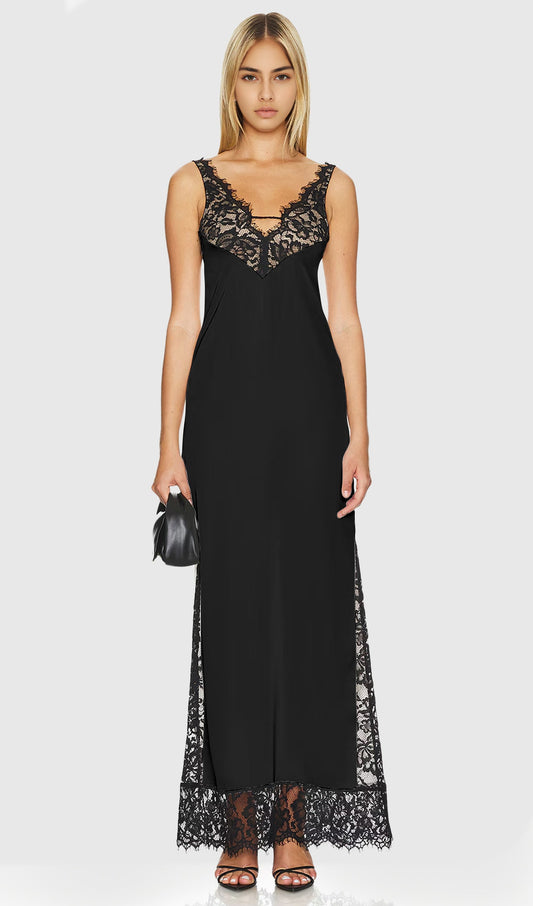 Lace Deep V Maxi Dress In Black
