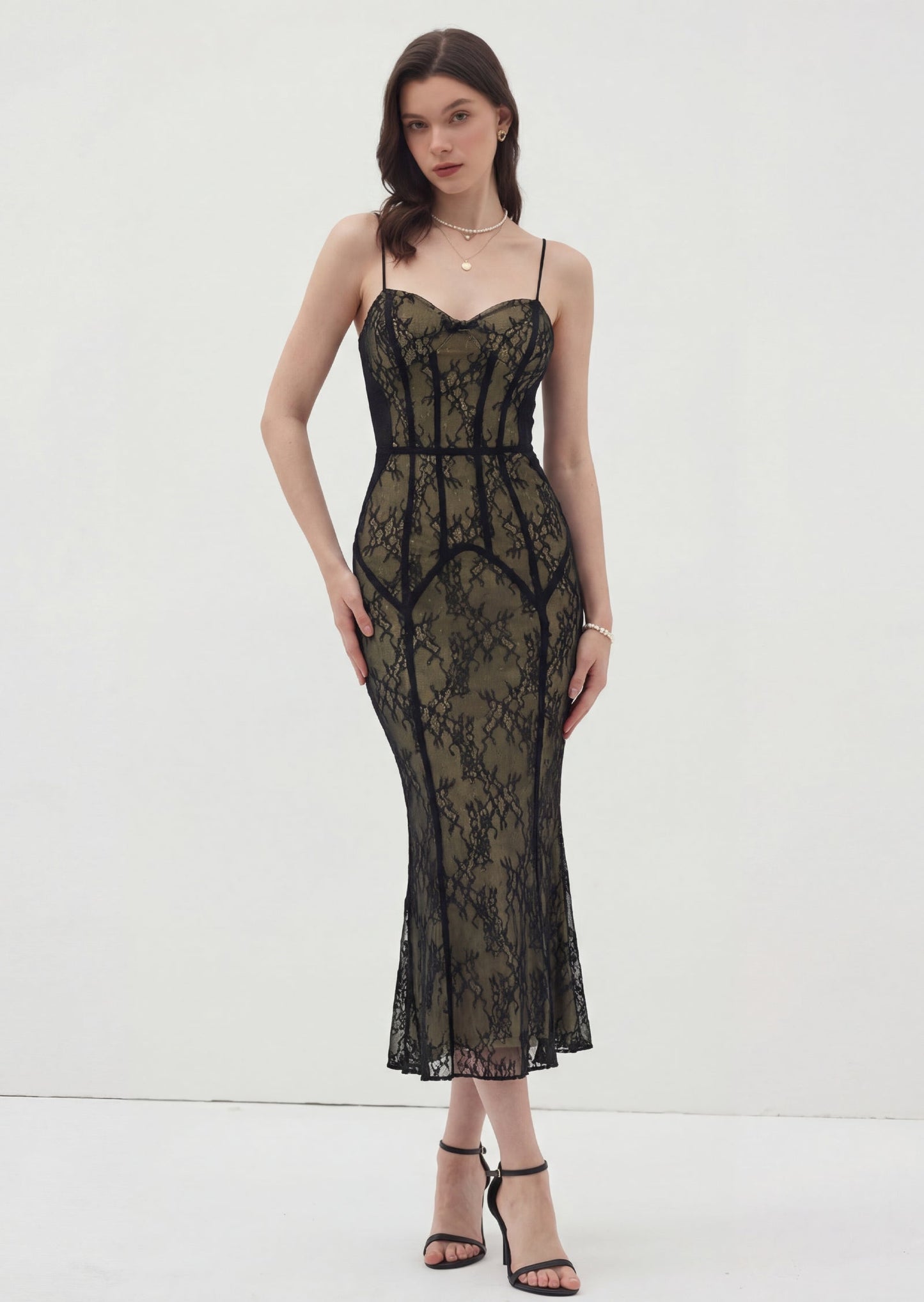 Lace Sleeveless Midi Dress In Black