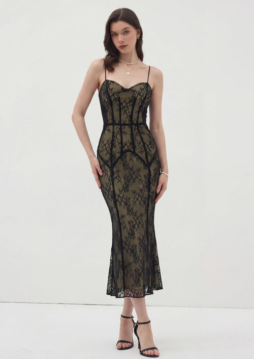 Lace Sleeveless Midi Dress In Black