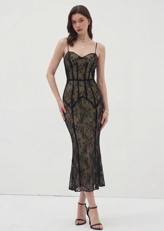 Lace Sleeveless Midi Dress In Black