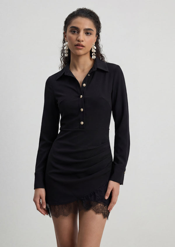 Lace Trimmed Button-Down Mini Shirt Dress