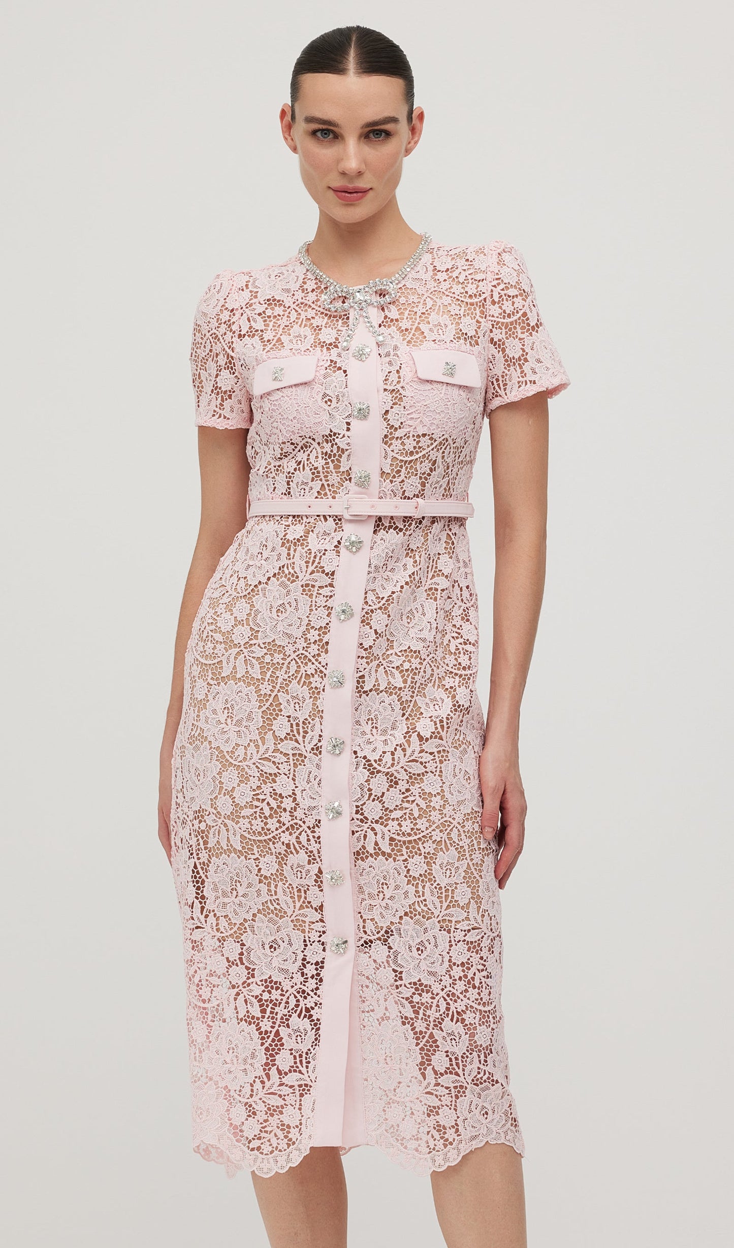 Lace Diamante Bow Midi Dress