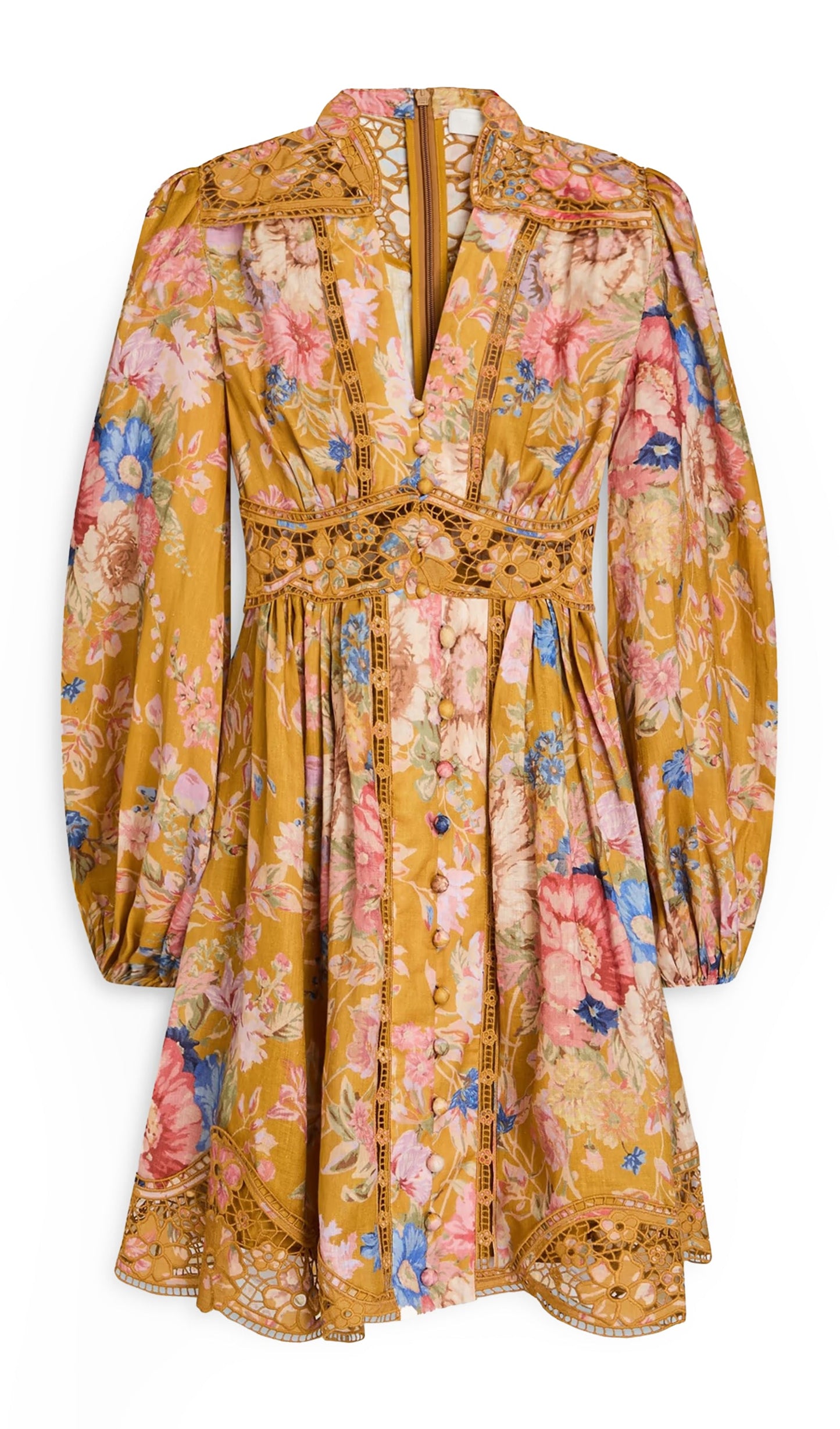 Lattice Trimmed Floral Print Linen Mini Dress