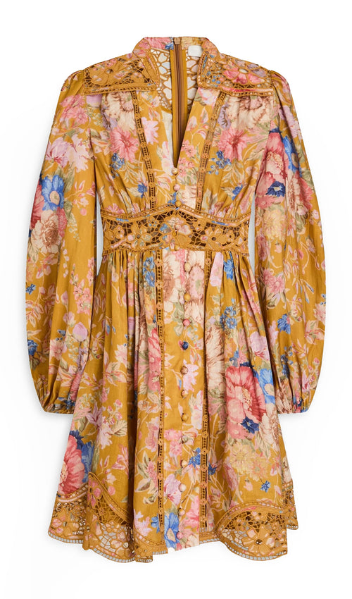 Lattice Trimmed Floral Print Linen Mini Dress