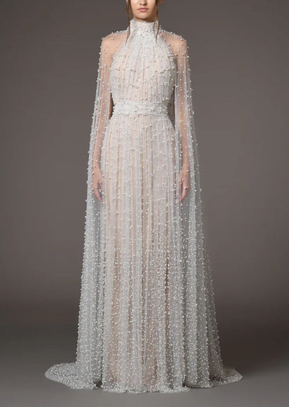 Layali Rose Cape Embellished Maxi Dress With Pearls