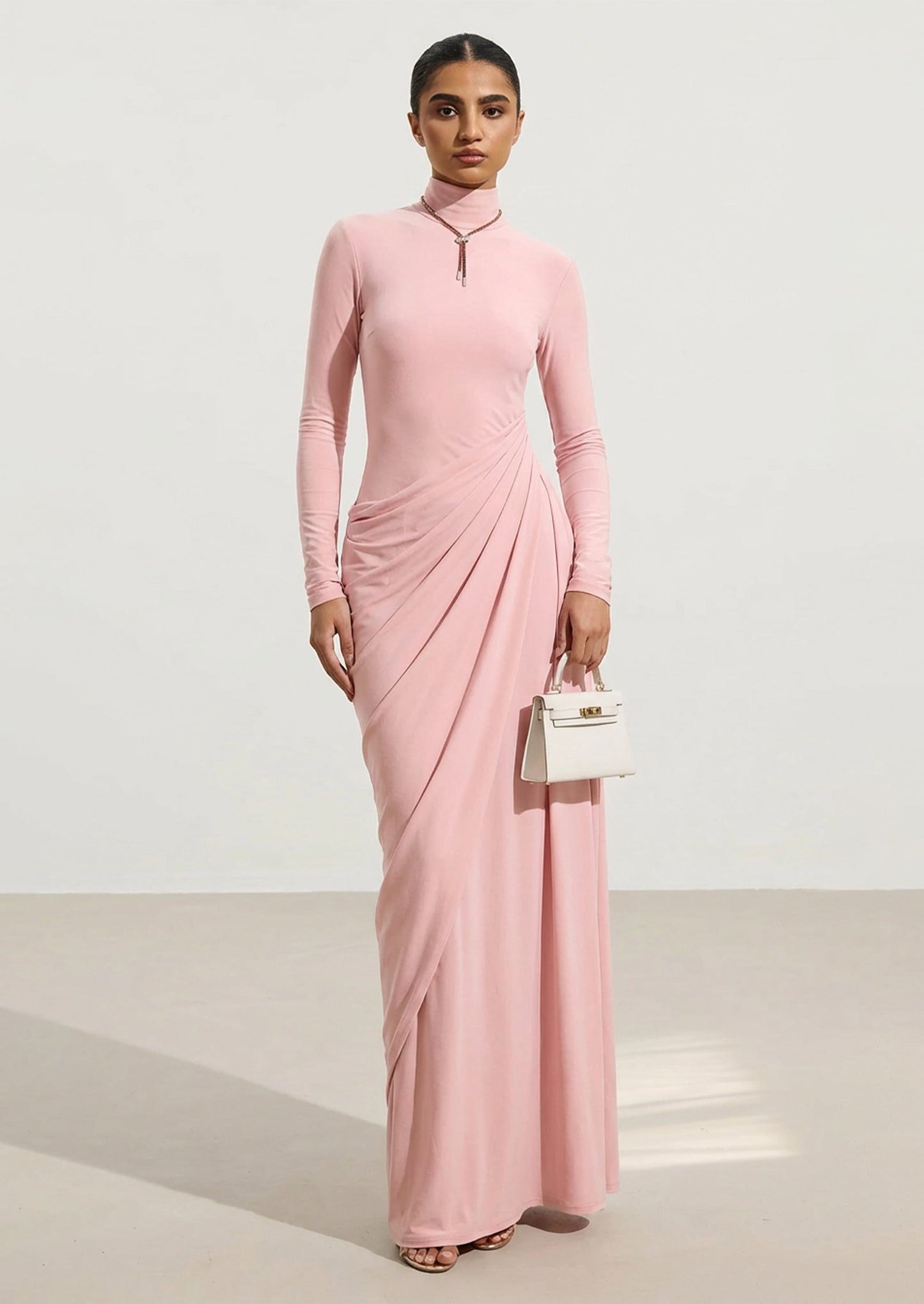 Layali Rose Draped High Neck Maxi Dress