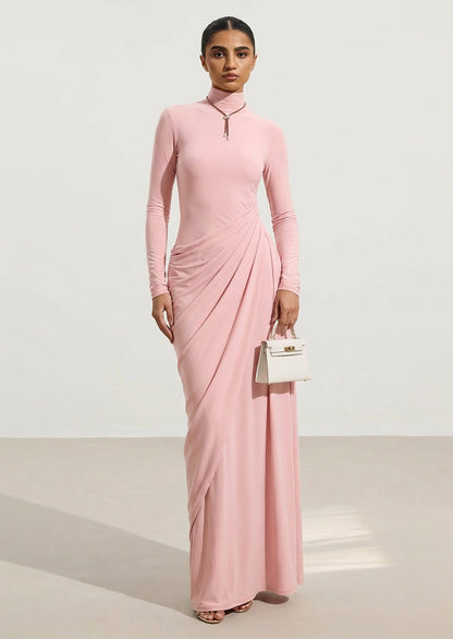 Layali Rose Draped High Neck Maxi Dress