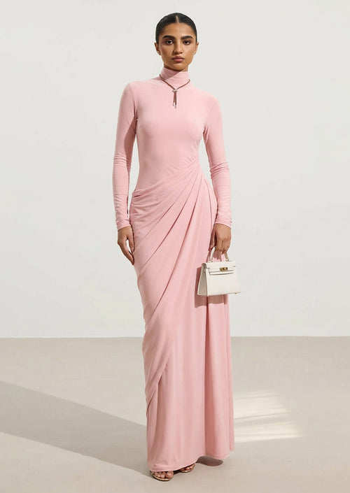 Layali Rose Draped High Neck Maxi Dress