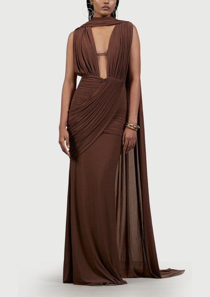 Layali Rose Deep V Neck Pleated Maxi Dress