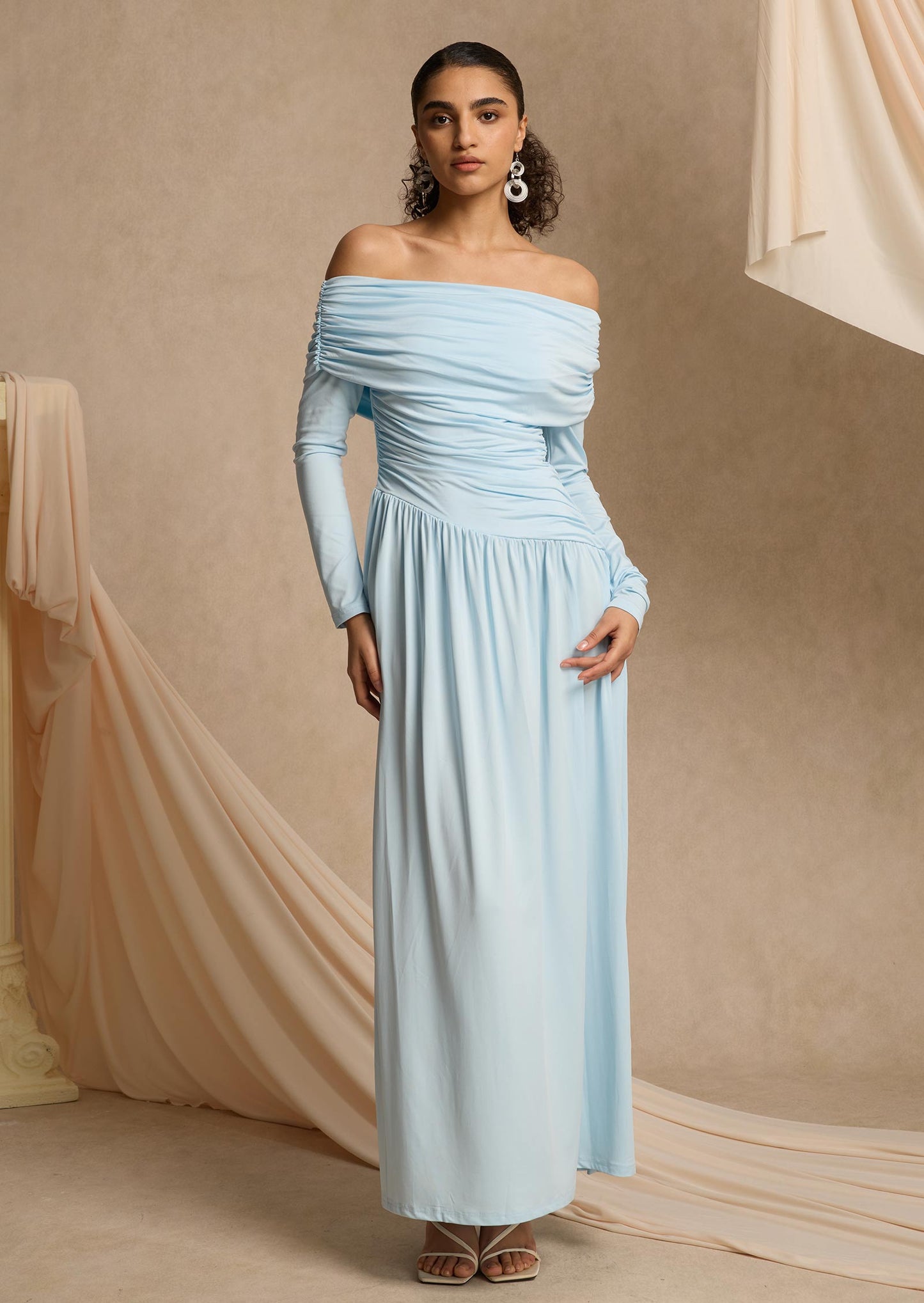 Layali Rose Jersey Gathering Long Sleeve Maxi Dress