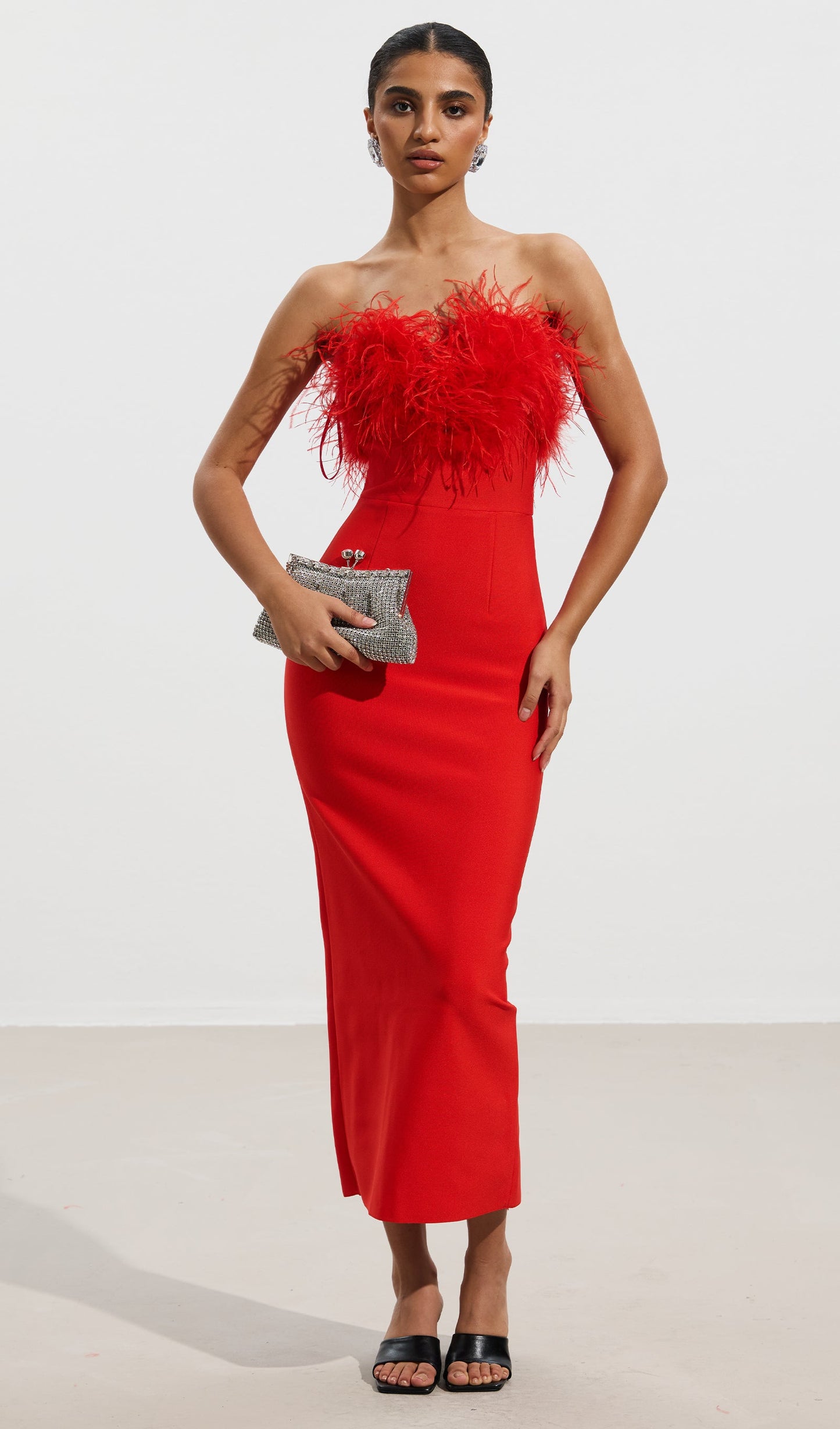 Lena Feather Trimmed Midi Dress Red