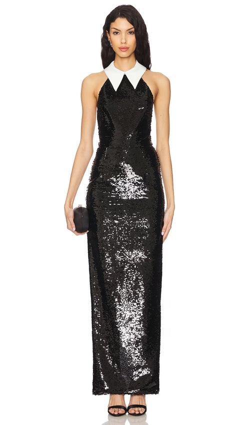 Sequin Contrast Collar Maxi Dress