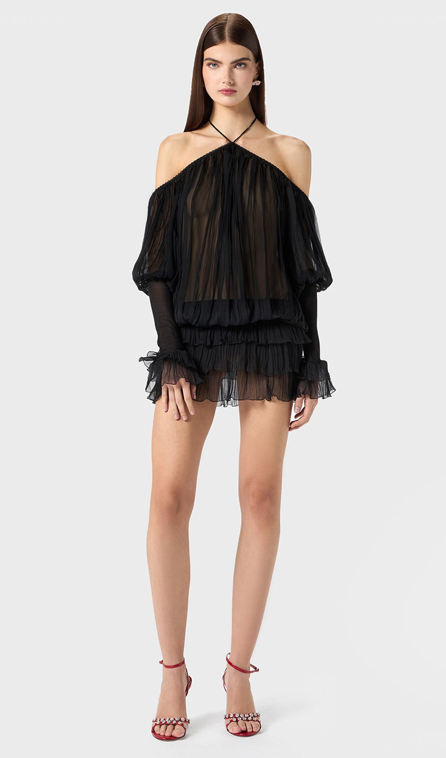 Long Sleeve Pleated Dress In Black