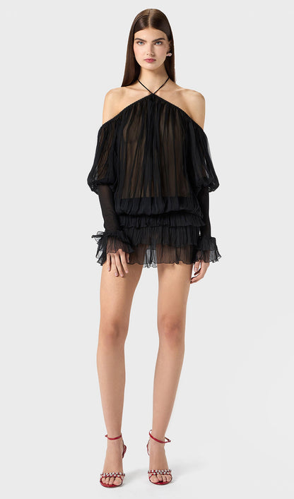Long Sleeve Pleated Dress In Black