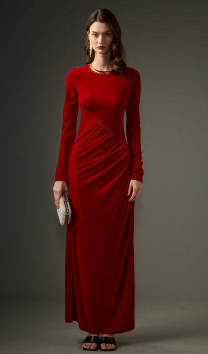 Long Sleeved Gathers  Maxi Dress In Red